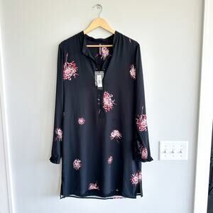 Yoana Baraschi Floral Long Sleeve Tunic Ruffle Shirt Dress Black L